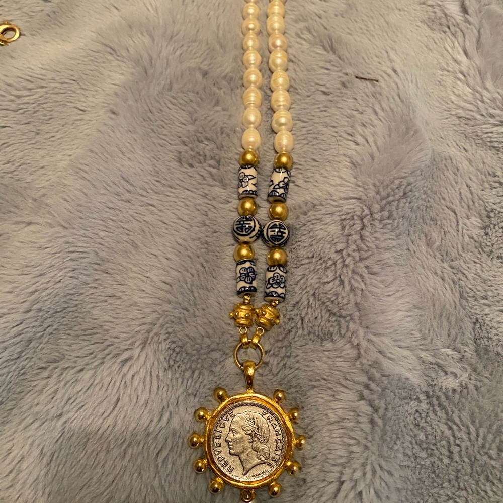 Gold and Cream Beaded Necklace with Coin Pendant